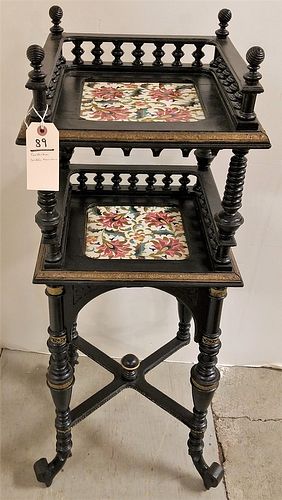 EASTLAKE EBONIZED 2 TIER STAND W/ INSET TILE TOPS AND BRASS TRIM- BACK R LEG MISSING 40 1/2"H X 14 1/2"W X 12 3/4"D CORDTS MANSION