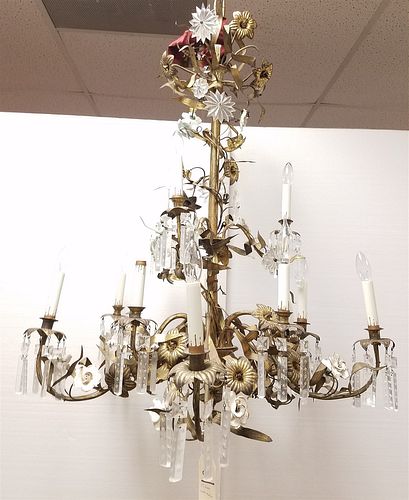 19TH C BRASS CHANDELIER- ORIG FOR CANDLES NOW ELEC 38"H X 30" DIAM CORDTS MANSION