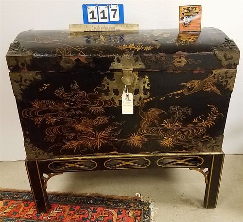 19TH C CHINESE LACQUER TRUNK ON STAND 33 1/2"H X 35"W X 19"D CORDTS MANSION
