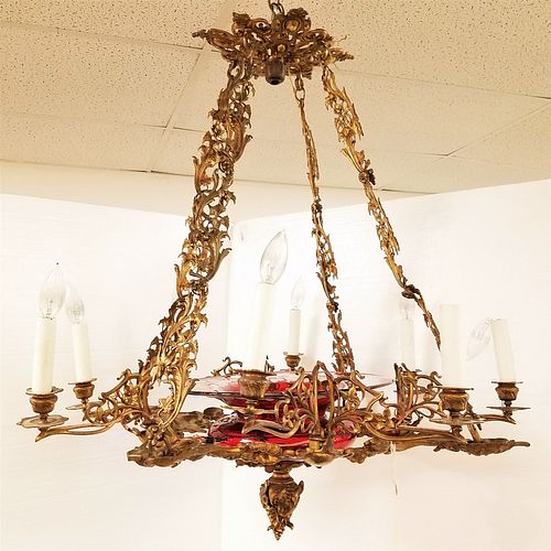 C1860 GILT BRONZE CHANDELIER W/ RUBY CUT TO CLEAR CENTER BOWL 33"H X 30" DIAM ORIG FOR CANDLES CORDTS MANSION