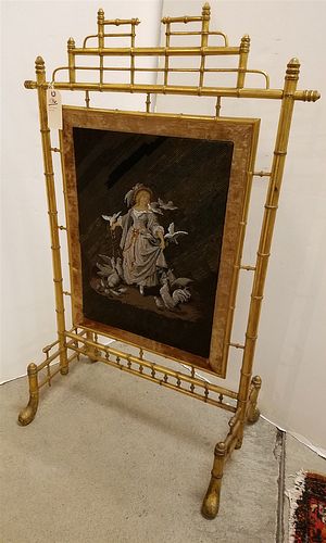 VICT GILT FAUX BAMBOO FIRE SCREEN W/ BEADED FIGURE 46 1/2"H X 29"W