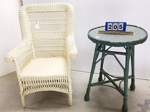 WICKER TABLE 29"H X 21" DIAM W/ CHAIR CORDTS MANSION