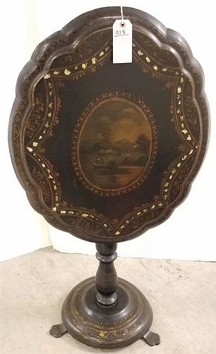19TH C PAPER MACHE TILT TOP TABLE W/ MOP INLAY AND PTD 26 1/2"H X 23"W X 28"D CORDTS MANSION