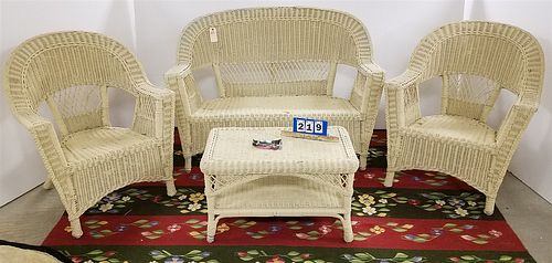 WICKER SOFA 53"W, PR ARMCHAIRS AND COFFEE TABLE CORDTS MANSION
