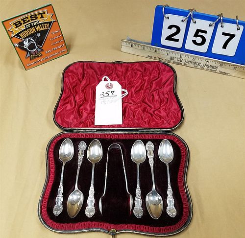 BX'D SET C1875 ENGLISH 6 STERLING TEASPOONS AND SUGAR TONG 3.76 OZT