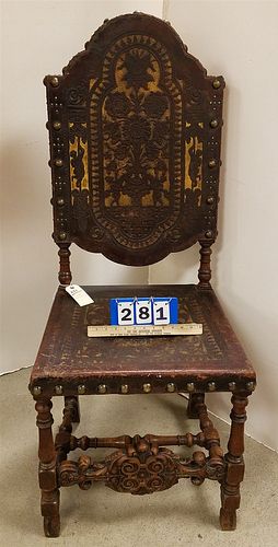 19TH C. CARVED WALNUT CHAIR W. EMBOSSED LEATHER BACK SEAT 50"H X 21" W CORDTS MANSION