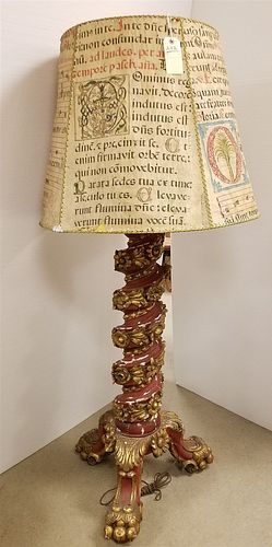 18TH C. POLYCHROMED & PARCEL GILT FLOOR LAMP W/SHADE MADE OF ANTIQUE VELLUM MANUSCRIPT PAGES 65" POSSIBLY FROM THE RANDOLF HEARST COLL. SOLD BY MACY'S