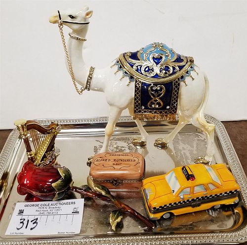 TRAY 3 ENAMLED METAL FIGURAL BXS 7"H X 7"L CAMEL AND HARP 3", VASE 1-1/2"H X 6"L + 2 PORCELAIN BXS TAXI 2"H 3-3/4"L + LIMOGES CHAMPAGNE ALFRED ROTHSCH