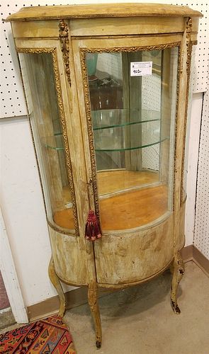 CURVED GLASS VITRINE CABINET- R SIDE GLASS PANEL CRACKED 56"H X 26"W X 13"D CORDTS MANSION