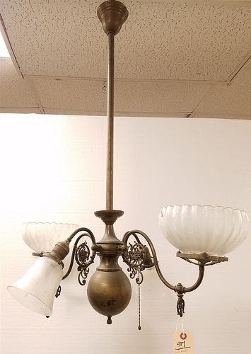 VICT BRASS GAS AND ELEC CHANDELIER 38"H X 30"W CORDTS MANSION