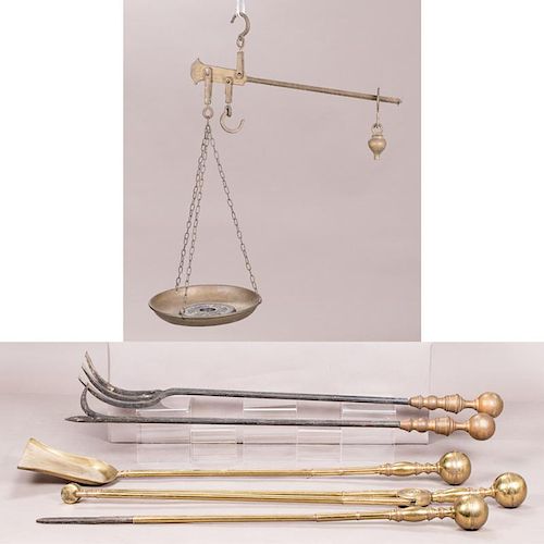 A Miscellaneous Collection of Brass and Wrought Metal Fire Tools and Balance, 19th/20th Century.