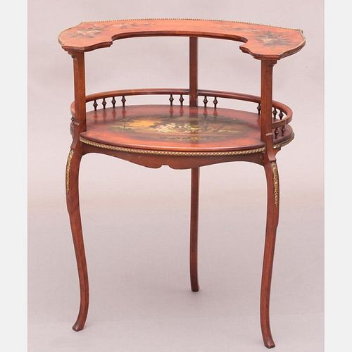 A French hand painted and transfer print decorated Fruitwood Two-Tier Side Table, 19th/20th Century.