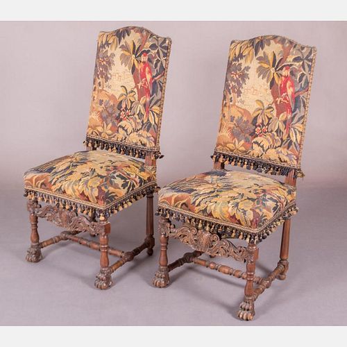 A Pair of Charles II Style Carved Walnut Side Chairs with Tapestry Upholstery, 19th Century.