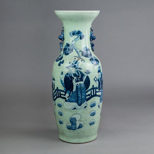 Chinese Qing Dynasty Celadon Glazed Figure Story Vase 
