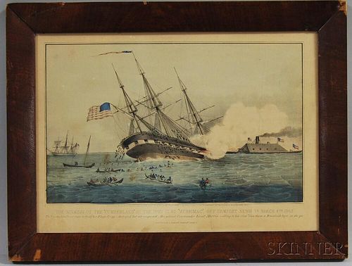 Framed Currier & Ives Hand-colored Engraving The Sinking of the Cumberland by the Iron Clad Merrimac, Off Newport News VA March 8th