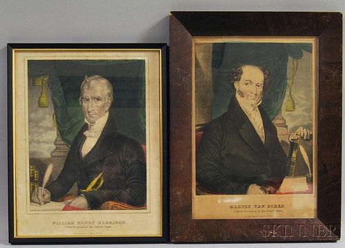 Two Framed Currier Hand-colored Engravings of Martin Van Buren and William   Henry Harrison