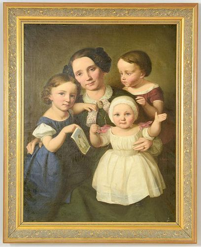 Continental Oil on Canvas Portrait Mother &  3 Children