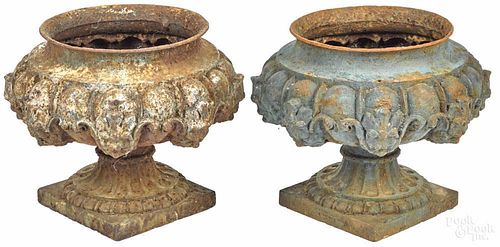 Pair of French cast iron planters, 19th c., 14'' h.