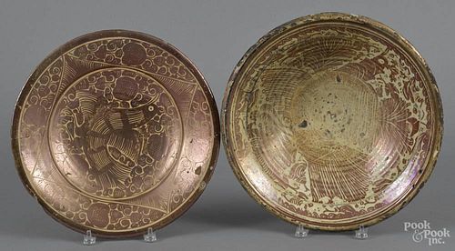 Two Hispano Moresque bowls, 18th c., 3'' h., 14 1/2'' dia. and 4 1/2'' h., 15 1/2'' dia.