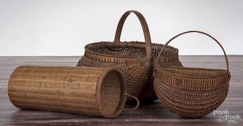 Three splint oak baskets, 19th c., to include a gathering basket, a wall basket
