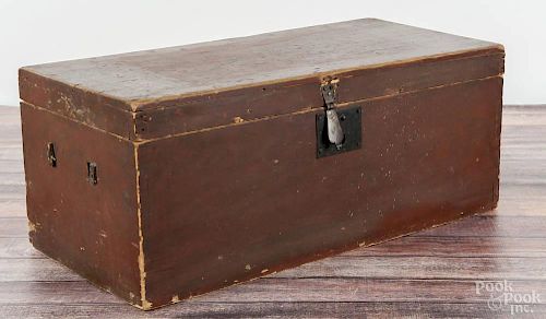 New England painted pine box, ca. 1840, retaining its original red and black grained surface