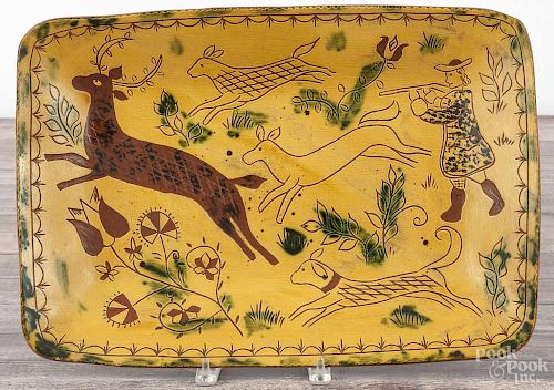 Lester Breininger, large redware platter, dated 1988, with a deer hunting scene, 19 1/4'' w.