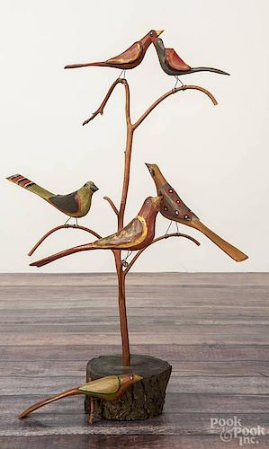 Daniel Strawser, carved and painted bird tree, initialed and dated '84, 18'' h.