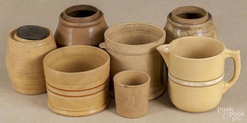 Seven pieces of yelloware, 19th c., to include a pitcher, three canning jars, two canisters