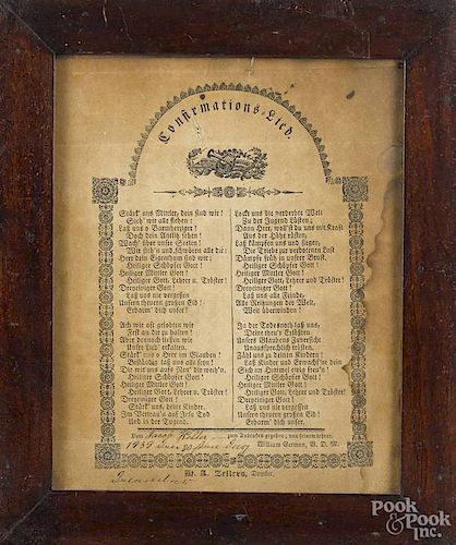 Printed German text confirmation notice, dated 1838, for Jacob Heller, 9 1/2'' x 7 1/2''.