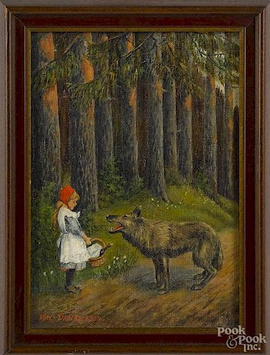 Oil on canvas landscape depicting Little Red Riding Hood and the wolf, signed Val Distel