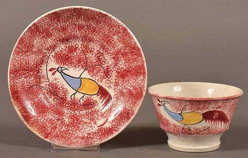 Red Spatter China Peafowl Cup and Saucer.