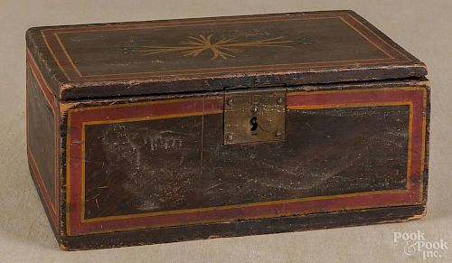 New England painted pine dresser box, 19th c., retaining its original red and yellow pinstripes