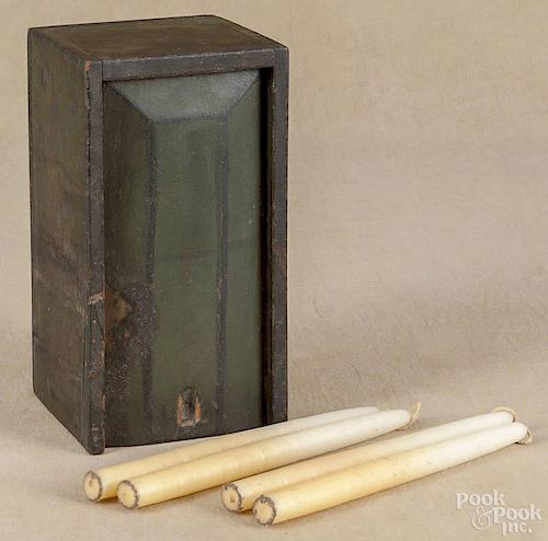 Pennsylvania painted pine slide lid candle box, 19th c., retaining an old green surface