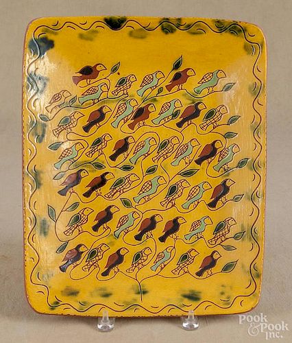 Lester Breininger, redware platter with a flock of birds, signed and dated 1987, 14 3/4'' l., 12'' w.