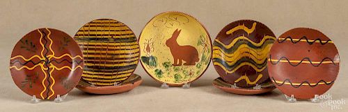 Lester Breininger, seven redware plates, all dated in the 1980's, largest - 8'' dia.