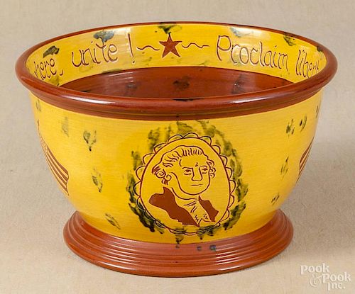 Lester Breininger, large redware bowl, signed and dated 1988, with a patriotic theme, 8'' h.