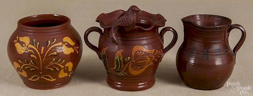 Ned Foltz, three pieces of redware, signed and dated in the 1980's, tallest - 9''.