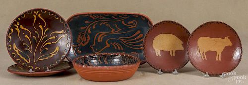 Eight pieces of Ned Foltz redware, signed and dated in the 1980's, platter - 14 1/4'' w., 8 1/4'' d.