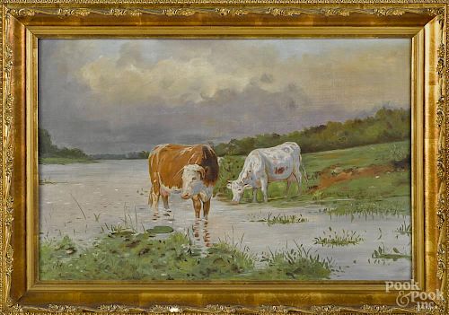 Oil on canvas landscape, ca. 1900, of two cows beside a creek, 14'' x 21''.