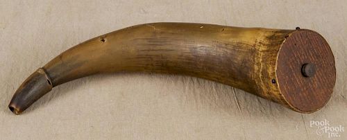 Powder horn, early 19th c., with carved initials MP in wood end, 12 1/4'' l.