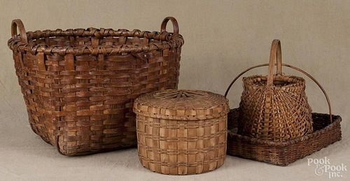 Three splint gathering baskets, 19th c., together with a lidded Native American Indian basket
