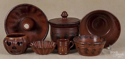 Seven pieces of Ned Foltz redware, signed and dated in the 1980's, tallest - 8''.