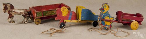 Three wood pull toys, 20th c., to include a Fisher Price Galloping Horse and Wagon, 16 1/2'' l.