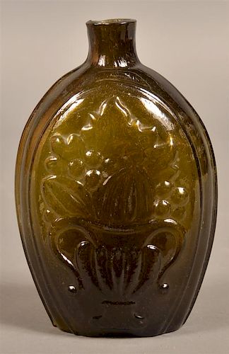 Olive Green Blown Glass Cornucopia/Urn Flask.