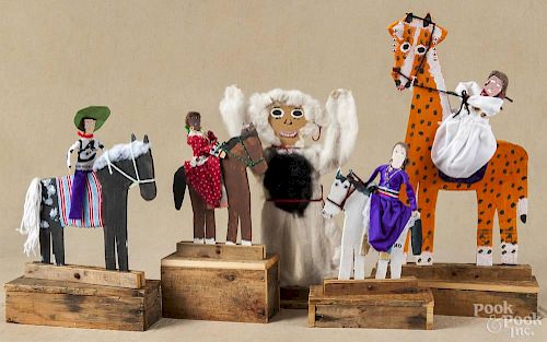 Five fabric, cardboard, and wood outsider art figures, two initialed MD, tallest - 24''.