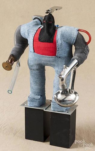 Fabric and metal outsider art figure, titled Ninja Warrior Whale, 19 1/2'' h.