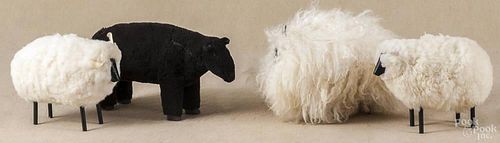 Carved and painted outsider art figures of sheep, together with a bear, largest - 15 1/2'' l.