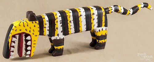 Minnie Adkins, carved and painted outsider art tiger, signed and dated 2000, 44'' l.