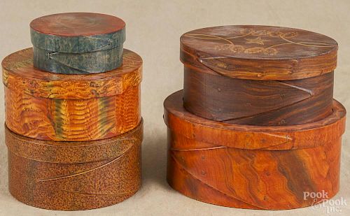 Five contemporary painted band boxes, two labeled C. Hopf, largest - 7 1/2'' w.