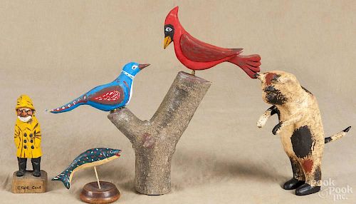 Luke Gottshall, carved and painted bird tree, signed and dated 1986, 12'' h.